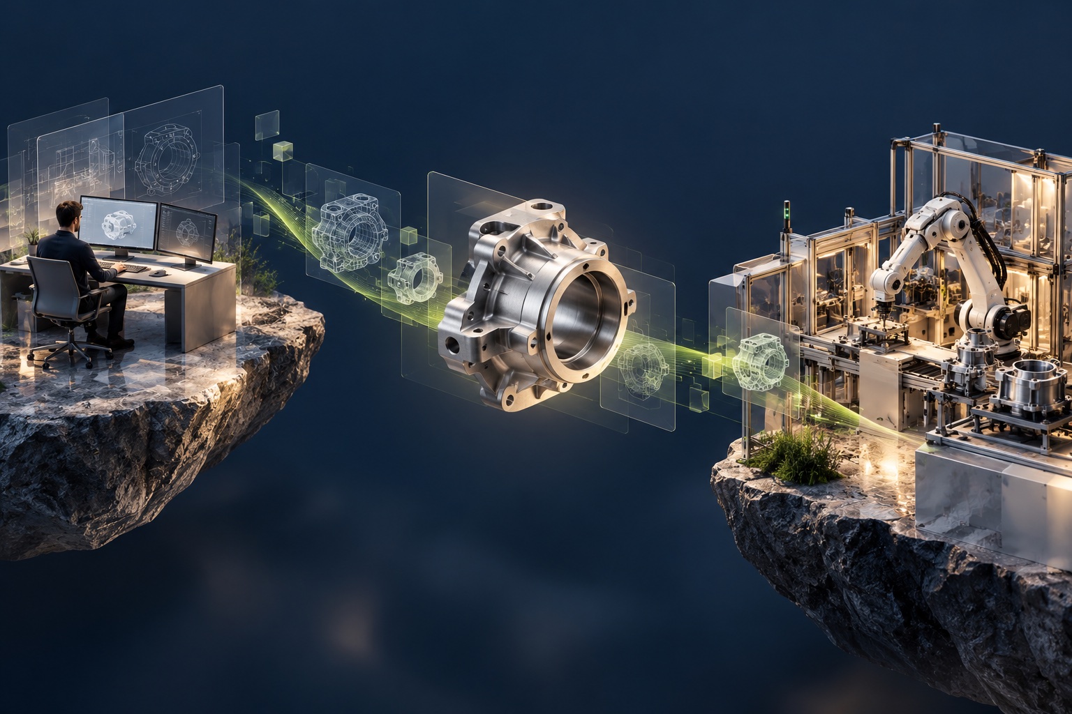 Conceptual illustration of digital design, an engineering component and industrial automation connected by information flows.