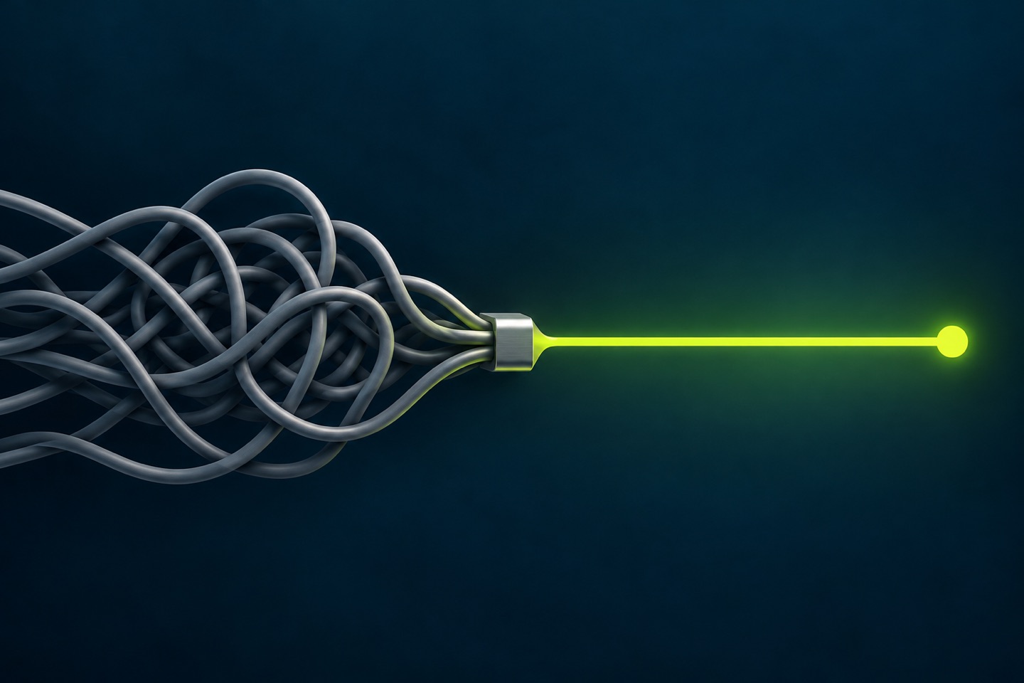 Composição editorial de fios entrelaçados que convergem em um caminho verde sobre fundo azul.