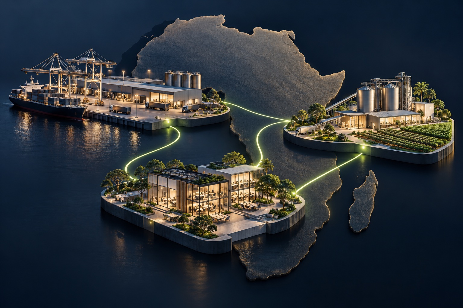 Conceptual illustration of connected logistics, agribusiness and technology hubs before an outline of Africa.